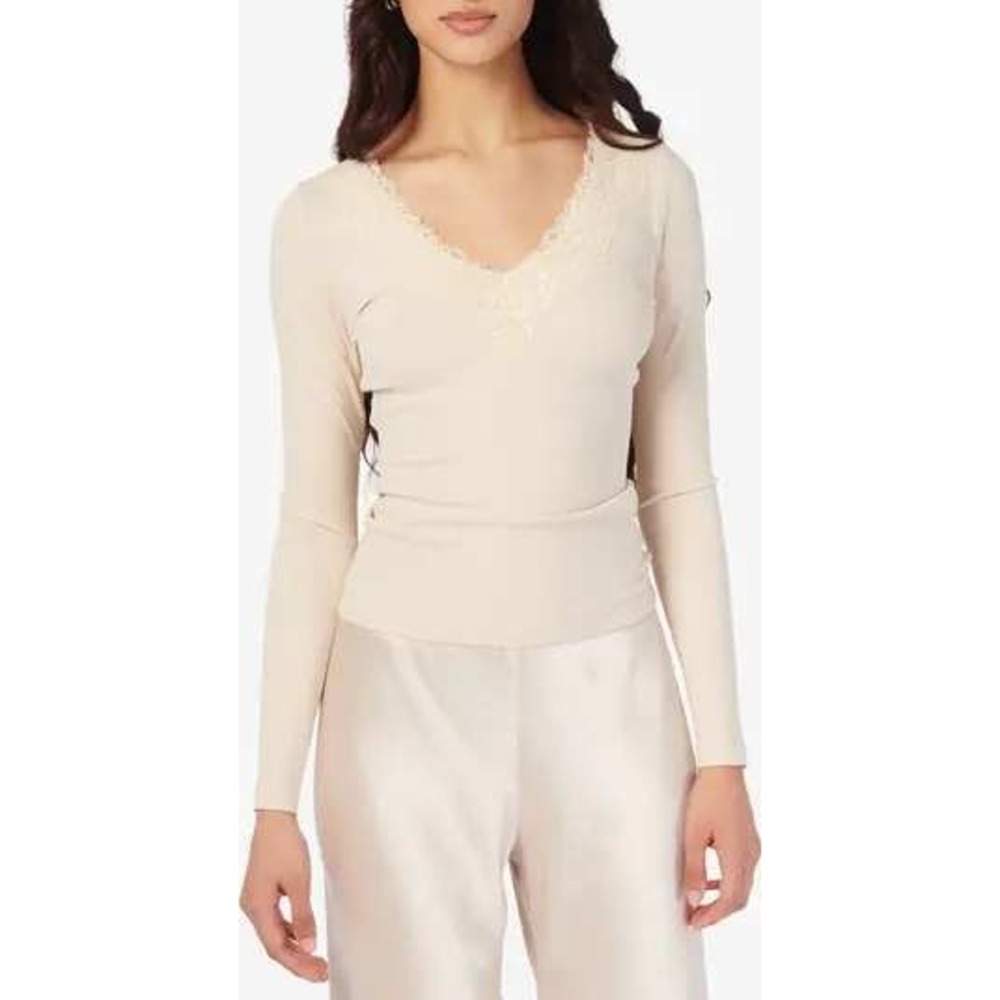 CAMI NYC Rooney Rib Knit Top Lace Trim Long Sleeve Bone Size S